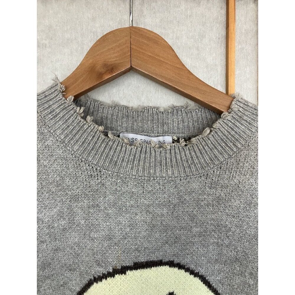 Miss Sparkling Graphic Smiley Face Distressed Hem Sweater Women’s Small Gray - Picture 7 of 8